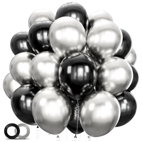 Image of 100pcs Black and Silver Balloons 12 Inch Metallic Silver and Black latex Party Balloons for Birthday Graduation Engagement New Year's Eve Party Decorations