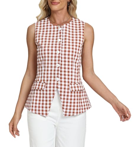 D-Sun Women's Sleeveless Blazer Vest Button Down Suit Vest Tops Gingham Trendy Round Neck Business Outerwear Waistcoat
