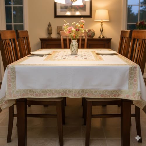 Image of New Year Room Decor Embroidery Brocade Silk Table Cover for Centre & Dinning Table and 4 & 6 Seater Dining Table /Tablecloth, (50 By 50 Inches) (White)