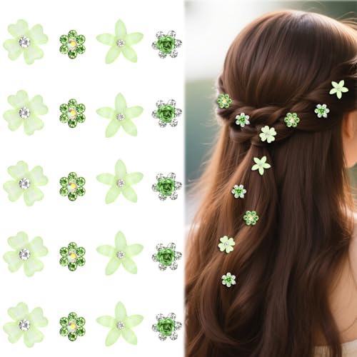 Bumlofa 20 Stück winzige kleine Haarspangen mit grünen Blumen und Rhinestones. Hübsche Accessoires, Haarspangen für Frauen mit dickem Haar, geeignet für Styling, Ankleiden, und Hochzeiten.
