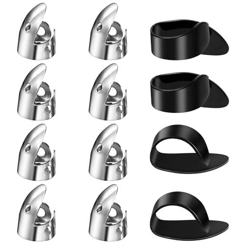 SHENLIU 12 Stück Einstellbares Fingerpicks, Fingerschutz Gitarre Edelstahl Finger Plektrum und Kunststoff Daumen Picks Set Gitarren Zubehör für Verschiedene Saiten Gitarre Banjo Harfe Bass