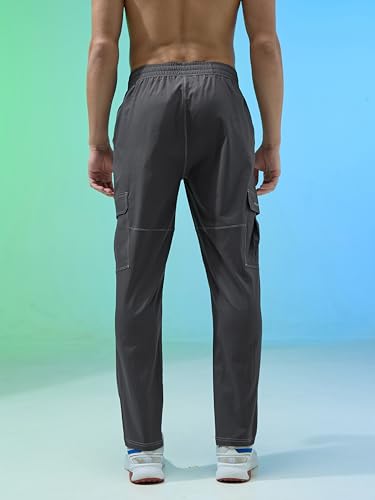 Image of TECHNOSPORT Men's Solid Straight Fit Cargo Pants TS Flexi 6 Pocket Polyester Quick Dry Elasticated Drawstring for Gym Travel Running Workout