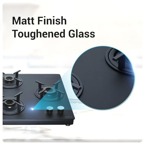 Elica 70cm 4 Burner Gas Stove | Auto Ignition | SBF MATT LOTUS TKN 694 CT VETRO 2J AI BK | Matt Finish Glass Top | SABAF Burners | Cast Iron Pan... - Image 6