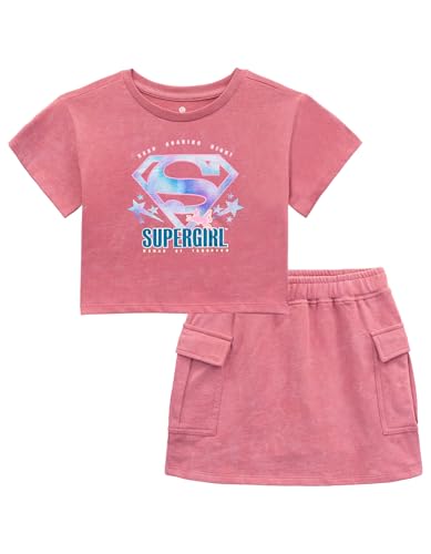 DC Comics Justice League Little Girls Boxy Graphic Jersey Tee and French Terry Elastic Waist Skirt Outfit with Foil Supergirl Pink Wash 7-8