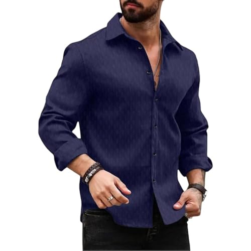 Image of DEELMO Men's Regular Fit Button Down Dress Shirts Textured Long Sleeve Casual Hawaiian Shirt