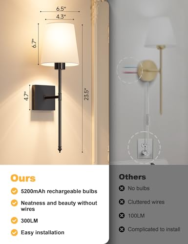 Image of JOFIOS Battery Operated Wall Sconce Set of 2, Black Rechargeable Wall Sconce with Detachable Bulbs and Fabric Shade, Dimmable Sconce Wall Decor Lights with Remote for Bedroom, Living Room, Entryway