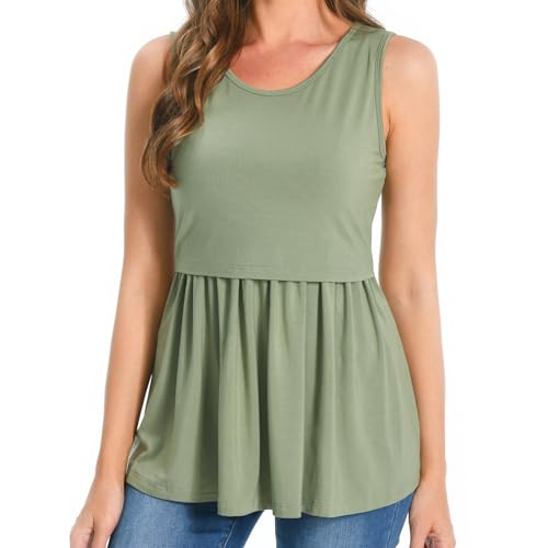 Bearsland Women’s Maternity Nursing Tank Tops Sleeveless Scoop Neck Soft Breastfeeding Shirt, Khaki&Gray Green&Green White Flower,L