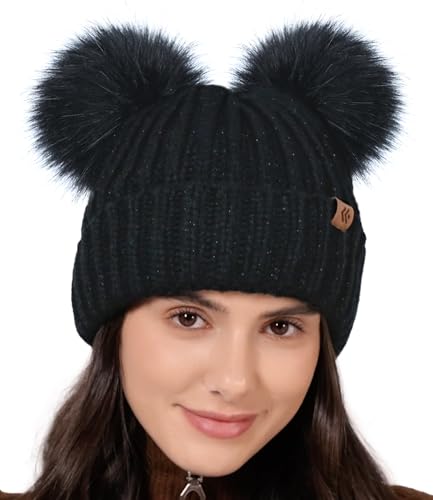 Image of Creekstone Double Bobble Hat Pom Pom Beanie, Fleece Lined Winter Hats for Women Girls, Warm Knit Hat Faux Fur Pom Beanie (UK, Alpha, One Size, Black Metallic)