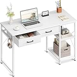 Coleshome Small Computer Desk with Drawers, 40 Inch Reversible Home Office Desk with Storage Shelves, Study Laptop Vanity Table with Headphone Hooks for Bedroom Small Space, White