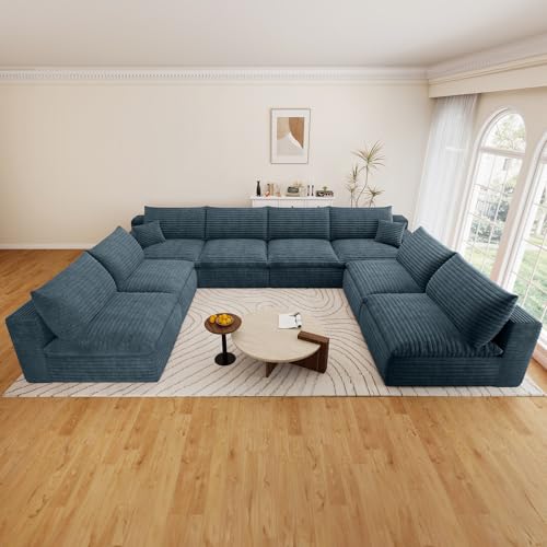 Image of 136 inch Cloud Couch Modular Sectional Sofa for Living Room, U-Shape Boneless Couch with Deep Seat, Modern Corduroy 8-Seater, No Assembly Required,Blue