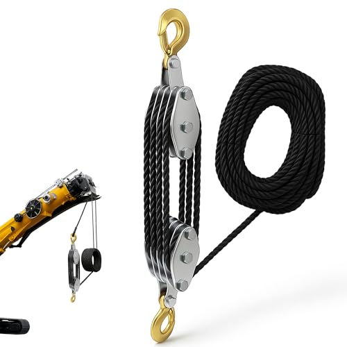 Image of Block and Tackle Pulley System: YOZAIUUI Heavy-Duty Steel Pulley Block with 20m Rope 4400LB Max Load Rope Hoist Pulleys Blocks for Garage Warehouse Lifting and Moving Heavy Objects