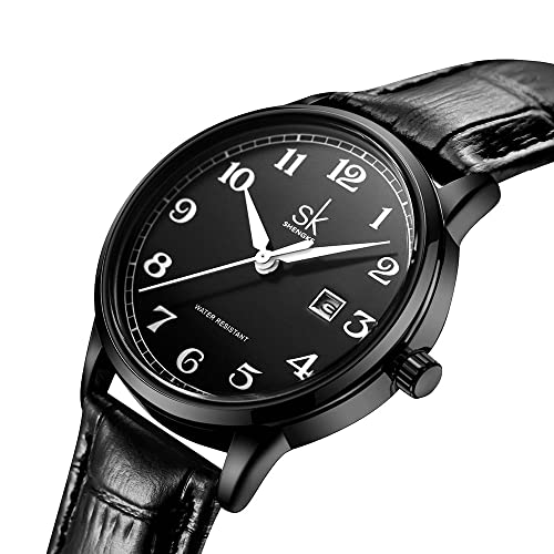 Shengke Sk Classic Business Women Watches With Stainless Steel Band And Genuine Leather Elegant Ladies Calendar Watch (Black-White) #TOP6