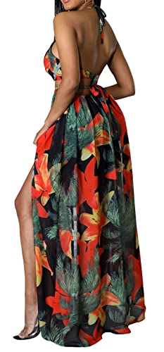 Image of Qikaka Women's Sleeveless Deep V Neck Floral Printed Metal Chain Bodycon Sexy Nightclub Party Boho Dress