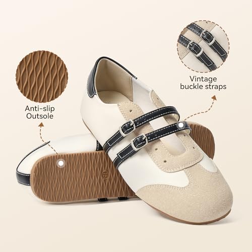Image of BOSTANTEN Ballet Sneakers Mary Jane Flats for Women, Retro Trainer Style | Cute Retro and Y2k Style, Double Adjustable Straps, Lightweight Flexible Sole, Soft Suede Round Toe, Breathable Lining