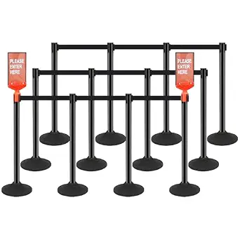 STARSIGNS 12 Pack Crowd Control Barriers - Weighted Base Stanchions with 10 Feet Retractable Belts, Black
