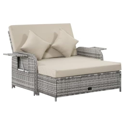 Outsunny Patio Wicker Loveseat Sofa Set, Outdoor PE Rattan Garden Assembled Sun Lounger Daybed Furniture, w/Storage Ottoman & Side Tables/Drink Trays for Poolside, Porch, Backyard, Khaki