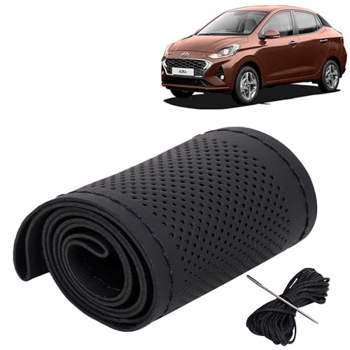Image of KINGSWAY PU Leatherite Car Steering Cover Sewable Compatible with Hyundai Aura (Year 2020-2022), Black Color with Black Thread, Pack of 1 with Sewing Needle and Thread