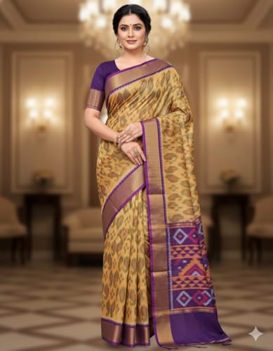Image of AYYAPPASILK Women's Exclusive Ikkat Silk Saree for Designer Border with Contrast Blouse