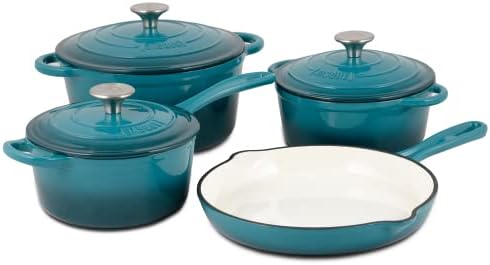 Basque Enameled Cast Iron Cookware Set, 7 Piece Set (Bizcaia Blue) Nonstick, Oversized Handles, Oven Safe; Frying Pan, Saucepan, Small Dutch Oven,