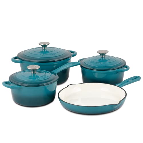 Basque Enameled Cast Iron Cookware Set, 7-Piece Set (Biscay Blue), Nonstick, Oversized Handles, Oven Safe; Skillet, Saucepan, Small Dutch Oven, Large Dutch Oven, 10.25″, 2QT, 2.25QT, 4.75QT