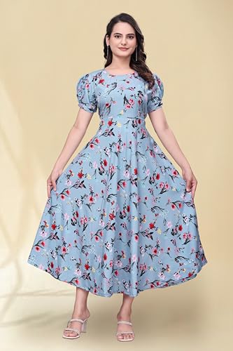 Image of Women's A-Line Crepe Maxi Dress | Stylish Fit and Flare Dress with Round Neck Short Puff Sleeves for Casual Wear