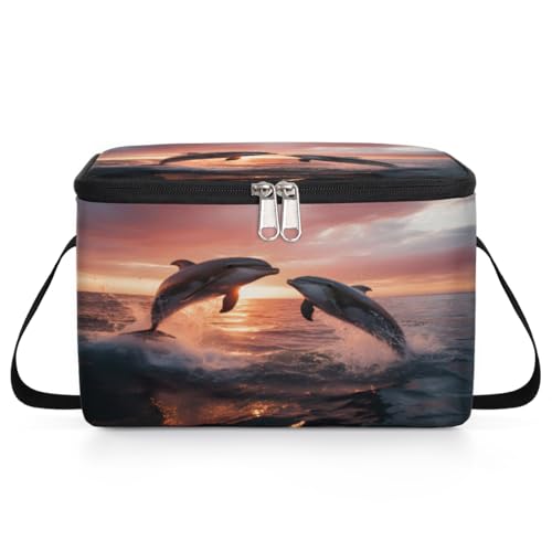 GzLeyigou Dolphins Lunch Bags for Women Men 9 Cans, Hot & Cold Food Delivery Bag Insulated Grocery Bag Insulated Lunch Box Aquatic Ocean Dolphin Cooler Bag for Office Work Picnic Beach