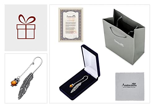 Ambedora Bookmark With Amber, Oxidised Sterling Silver, Round Baltic Amber In Cognac Colour, Silver Little Owl Bookmark L. 8.2 Cm #TOP6