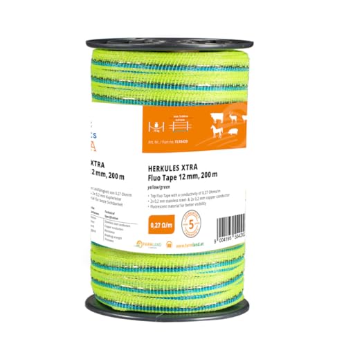 Farmland Herkules Xtra Power Weidezaunband - 200 Meter Weidezaun Band mit 0 27 Ohm/m Widerstand - Robustes Weideband mit NIRO und Aluleitern - 12 mm breites Weidezaun Breitband für alle Tierarten