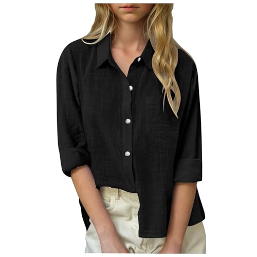 Teens Girls Cotton Linen Button Down Shirt 2025 Trendy Casual Long Sleeve Solid Color Shirts Loose Tops with Pocket