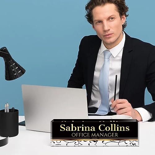 Image of Name Plate for Desk, Desk Name Plate Personalized, Office Decor for Women Men, Acrylic Desktop Accessories, Office Appreciation Gifts for Boss Social Workers Nurse Teacher Employee (Black Stripes)