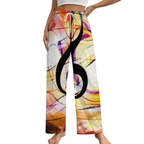 Pantalon de pyjama femme jaune noir musique à poches le style décontracté en S