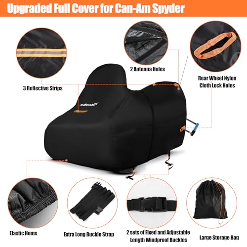 3-Wheel Motorcycle Cover Waterproof, Compatible with Spyders RT Limited F3 S,420D Heavy Duty Oxford Fabric,3 Reflective Strips,Three Wheel Motorcycle Cover Outdoor Protection by SRIMMIT - Used condition - Image 4
