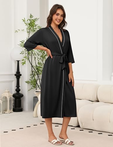 Ekouaer Robes for Women Long Knit Bathrobe Lightweight 3/4 Sleeves Kimono Robe Soft Sleepwear with Pockets S-XXL2