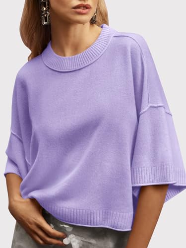 Image of Saodimallsu Womens Short Sleeve Sweater Summer Oversized Cropped Sweaters Casual Crewneck Lightweight Knit Tops
