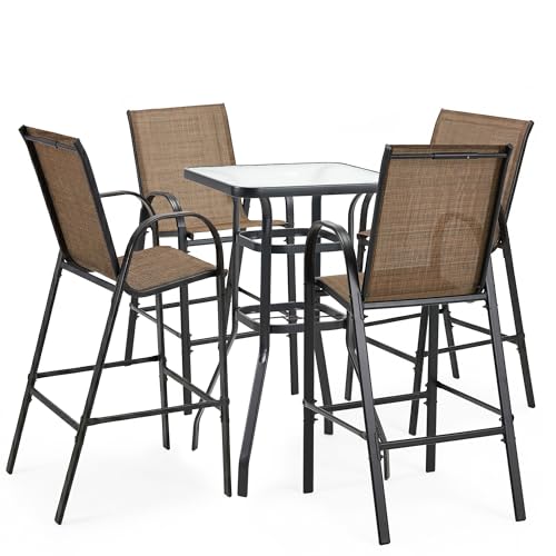Image of HOMREST Outdoor Bar Height Stools Set of 5,4 High Back Patio Bar Chairs with Outdoor High Top Table,All Weather Outdoor High Top Bistro Set Furniture for Patio,Balcony,Brown