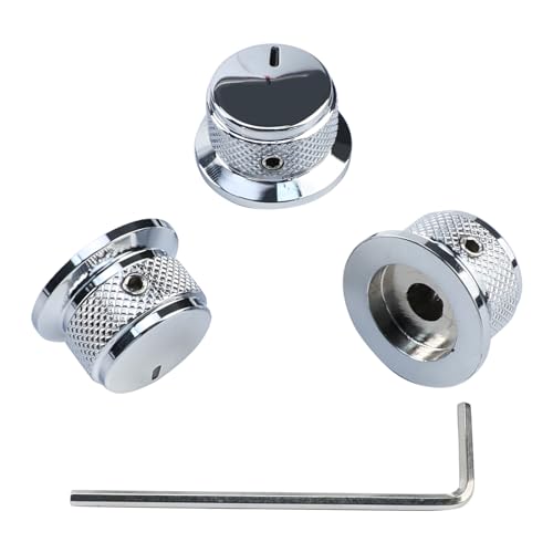 OVSAL 3PCS Electric Bass Guitar Metal Knobs Flat-top Hat-Shaped Volume Tone Control Knobs with Set Screw 6mm Hole Compatible with Fender Strat Telecaster Les Paul Electric Guitars or Basses（Chrome）