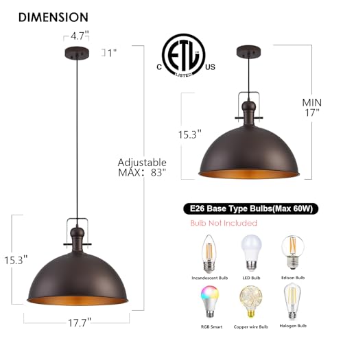 Image of 18 Inch ORB Farmhouse Pendant Lights for Kitchen Island 1 Pack | ETL Certificate, Easy to Install,Adjustable Height Cord,Vintage Industrial Dome Hanging Light Fixtures