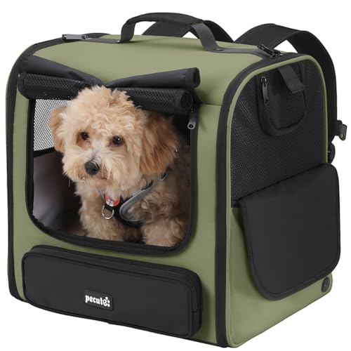 Pecute Spacious Cat Carrier Backpack, Lightweight Ventilated Pet Backpack for Anxious Cats & Small Dogs (Miniature Dachshund), for Hiking Camping Travel Vet Visits, Dark Green