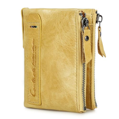 Image of CONTACTS Soft Leather Wallet for Women Small Bifold Coin Purse Double Zipper Card Holder with RFID Blocking (Yellow)
