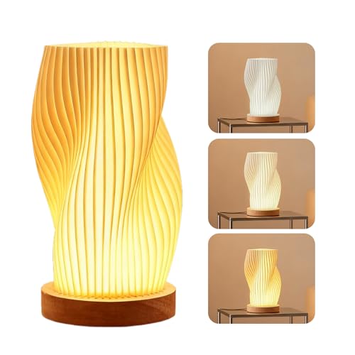 Nachttischlampe mit Holzsockel, 3-Farbige Tischleuchte Minimalistische mit PLA Lampenschirm, 9-Stufig Dimmbare Nachttischlampe, LED Tischlampe Modern USB Drehbar für Schlafzimmer Wohnzimme Nachttisch