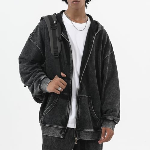 Bobeutou Mens Zip Up Acid Wash Hoodie Vintage Oversized Casual Fall Jacket Cotton Hooded Sweatshirts with Pockets Streetwear2