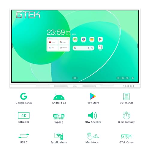 Image of GTek 65 inch Smart Board, 4K UHD Interactive Whiteboard, Touch Screen Digital Electronic Whiteboard with Android 13 (16+256GB) OS, Dual OPS Slot, Long-Life Design for Classroom, Office, Business and Home