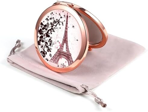 Compact Mirror Rose Gold Makeup Mirror Folding Mini Pocket Mirror Portable Hand Mirror Double-Sided 2 x 1x Magnification for Woman Girls (A-Eiffel Tower)