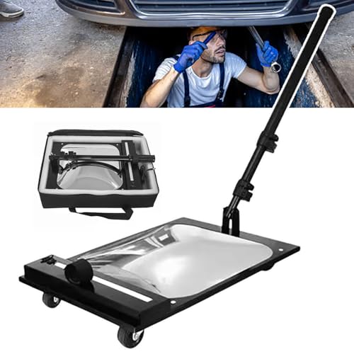 Espejo de inspección para debajo del vehículo con luz, mango telescópico, rueda universal, rotación de 360°, espejo de 30 x 30 cm, extensible para inspecciones de vehículos
