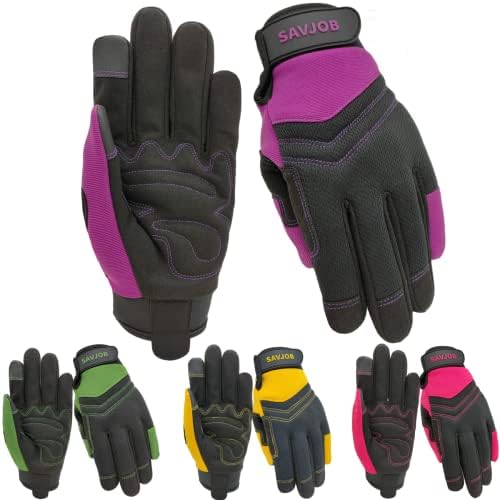 SAVJOB Utility Work Gloves for Men&Women,Synthetic Leather Mechanic Gloves,Outdoor Gloves,Performance Fit,Touchscreen,Purple,Large