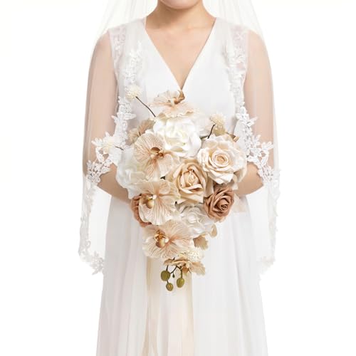 Ling's moment Brown Bridal Bouquet Cascading, 13Inch Tawny Beige Sand Beige