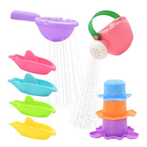 Aolkee Juguete de baño para niños pequeños de 1, 2, 3 y 4 años, 9 piezas de juguete de piscina con jarra de riego, bote de baño apilable, taza de baño, rollo de ducha para bañera, playa, piscina