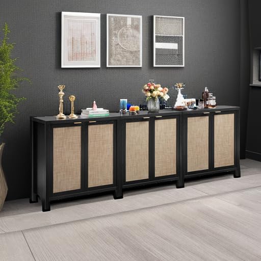 Image of SICOTAS Rattan Sideboard Buffet Storage Cabinet - 3 Pieces Boho Farmhouse Coffee Bar Cabinet Credenza Cabinet with Storage and Rattan Decorated Doors for Home Kitchen, Black