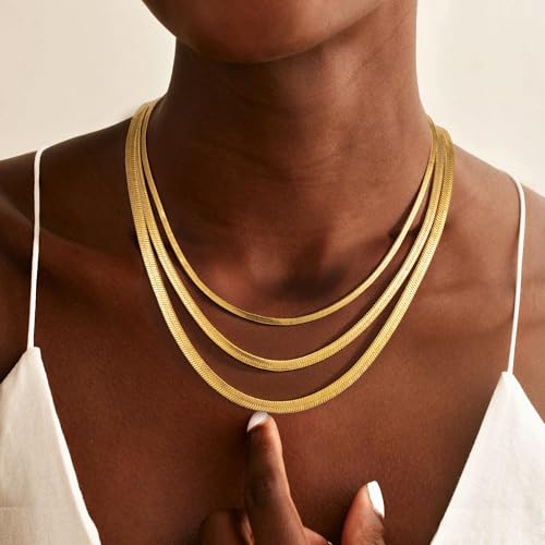 Gold Necklace for Women, 18K Gold Plated Layered Herringbone Necklace Choker Chain Necklaces Dainty Gold Necklaces Waterproof Jewelry for Women Non Tarnish3
