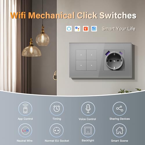 BSEED Steckdose mit PD USB/TYPE C Lichtschalter Unterputz 4 Fach 1 Weg WIFI Smart Lichtschalter (Neutralleiter Erforderlich), Compatibel mit Alexa/Google Home，157mm，Grau